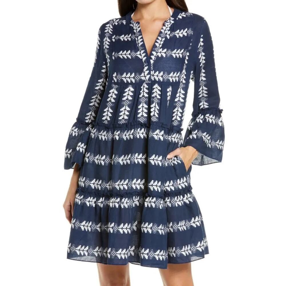 Elan Boho Embroidered Cotton Mini‎ Dress Navy Tiered Cottagecore Indie M